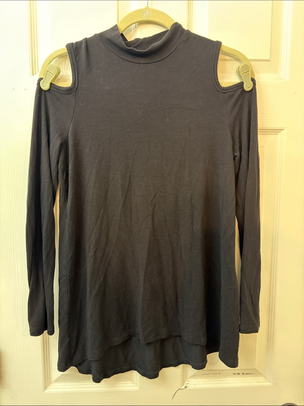 Kaari Blue Black Cold-Shoulder Mock Neck Long Sleeve Top